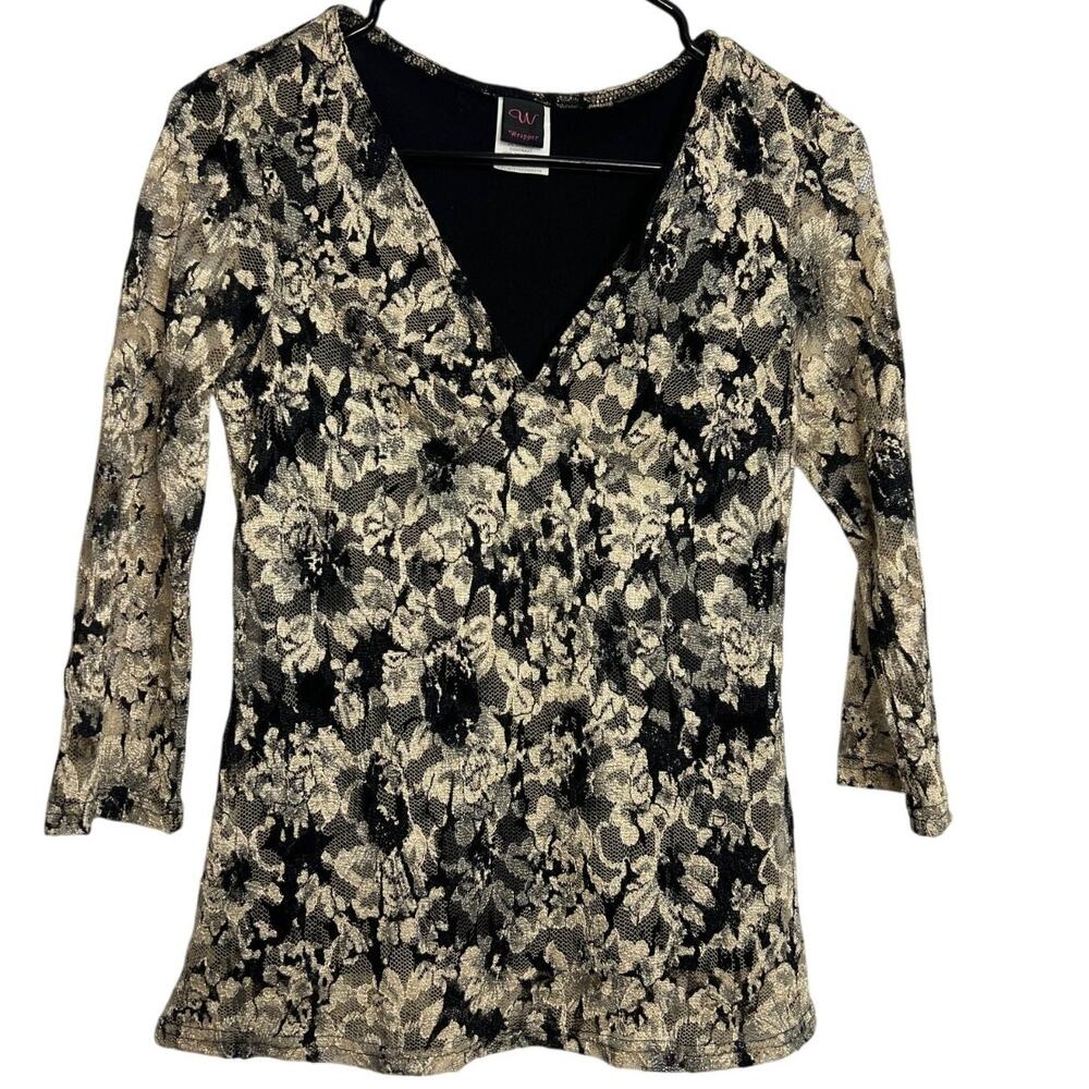 Vintage Wrapper Black Gold Lace Top Shirt Y2K Small